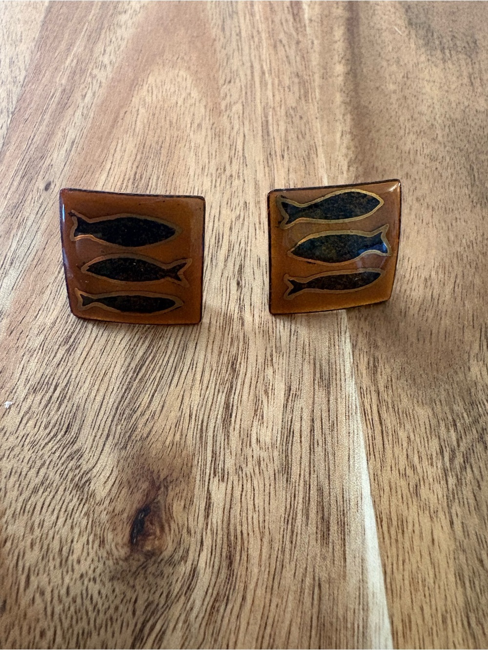 Vintage Brown and Black Fish Motif Square Clip-On Earrings